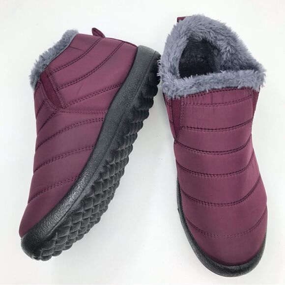 BJ Burgundy Quilted Faux Fur Lined Soft Sole Flat Ankle Slipper Shoes - Picture 8 of 14